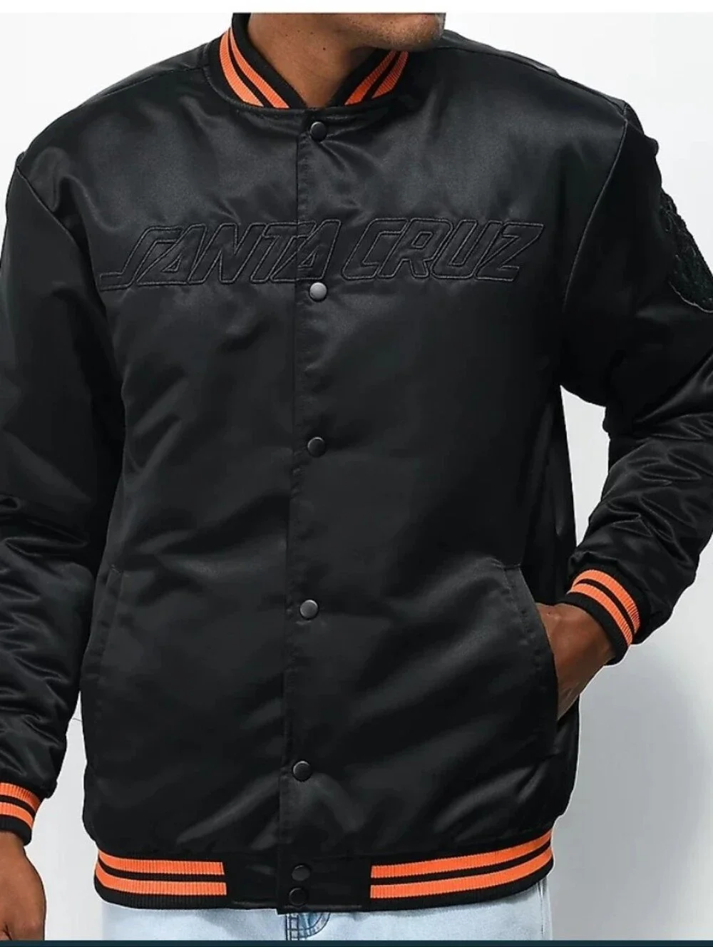 Santa Cruz Skateboards Black Bomber Jacket with Orange Stripe Trim Large